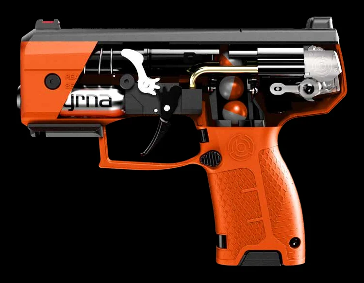 Cutaway of a Byrna launcher showing the internal pull-pierce CO₂ mechanism